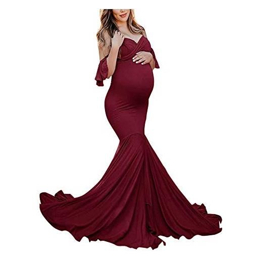 FEOYA donne incinte fotografico abito maternity dress premaman vestiti da sera fuori spalla gravidanti abbigliamento vino - taglia m