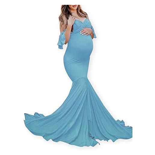 FEOYA donne incinte fotografico abito maternity dress premaman vestiti da sera fuori spalla gravidanti abbigliamento azzurro - taglia s