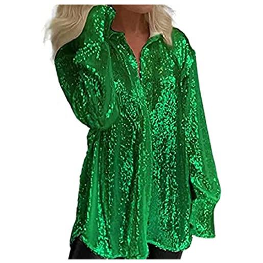 Dazzerake camicia donna abbottonata con paillettes y2k manica lunga con brillantini scintillanti top da festa per camicetta da clubwear luccicante da donna (verde, l)