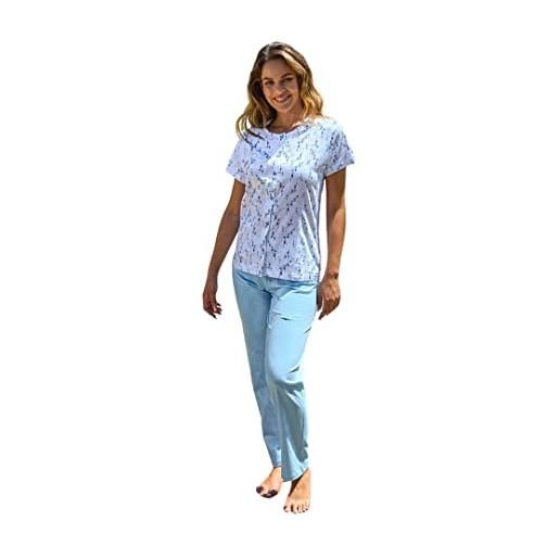 Leo Corsetteria pigiama donna classico aperto con tasca cotone mezza manica pantalone lungo l bianco azzurro