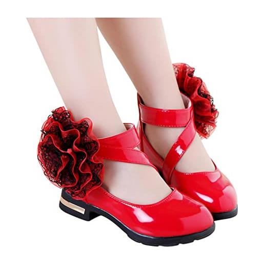 LLUO scarpe da bambina eleganti da principessa, scarpe da ballo, fondo morbido, antiscivolo, ballerina, scarpe da matrimonio, fiori, scarpe da festa, colore: rosso, 37