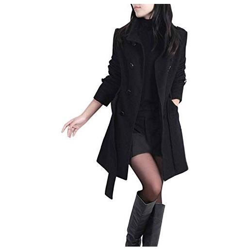 semen cappotto da donna in misto lana, giacca invernale casual doppiopetto con risvolto trench con cintura, nero , 46