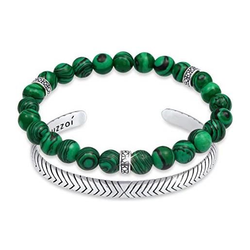 Kuzzoi - bracciale da uomo buddha, composto da un bracciale elastico in malachite, con perle in argento e un bracciale aperto ossidato e lunghezza 21 cm, colore: verde, cod. 0205122620_21