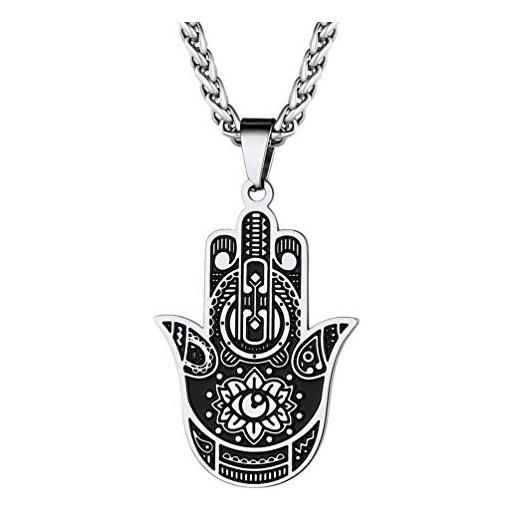 PROSTEEL collana pendente palma di fatima, catena regolabile 55 60cm, acciaio inox, gioiello religioso religione sura islamico musulmano, argento (confezione regalo)
