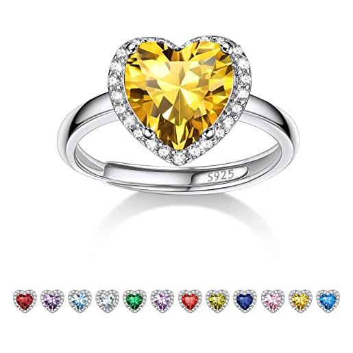Bestyle anello donna argento 925 regolabile con pietra citrino novembre, anello regolabile con pietra portafortuna cuore anello argento 925 donna, confezione regalo