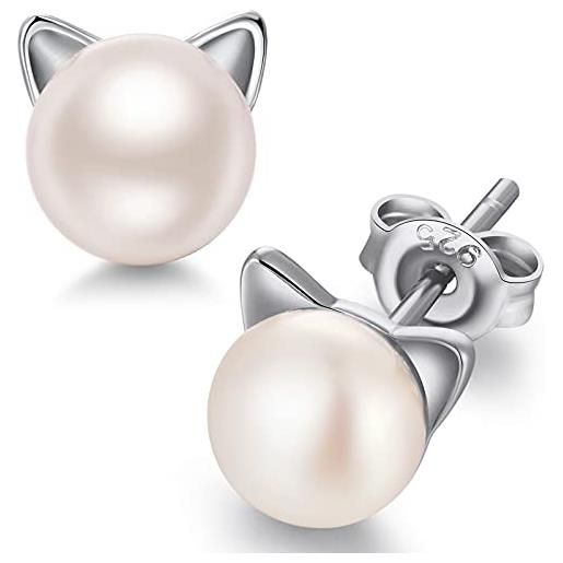 jiamiaoi carino gatto orecchini, orecchini perla argento 925, naturale d'acqua dolce perle 7.5 mm, miglior regalo per le donne, con scatola regalo orecchini a zampa gioielli per gatti (a-1-bianco)
