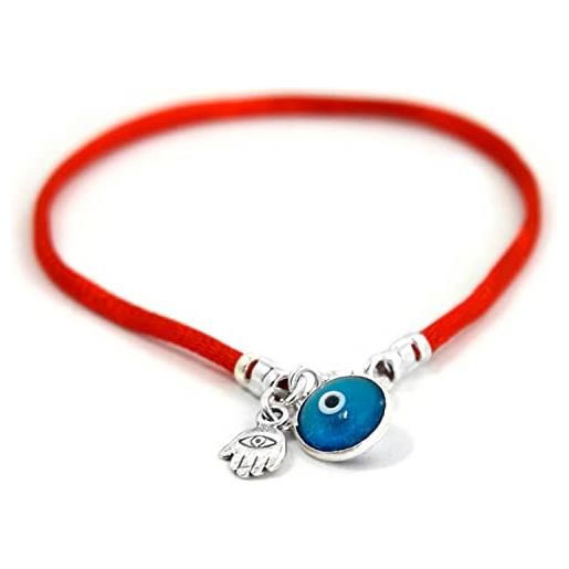MIZZE Made for Luck braccialetto protettivo da uomo con ciondolo malocchio e mano di fatima, in argento con cordino rosso, 20 cm