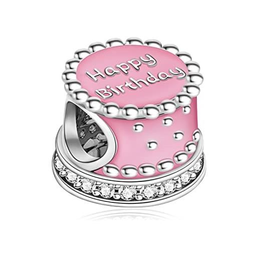 Annmors ciondolo happy birthday cake pink bead charms, argento sterling 925 e cubic zirconia, compatibile con braccialetti e collane europei, ciondolo di compleanno del festival per donna ragazza