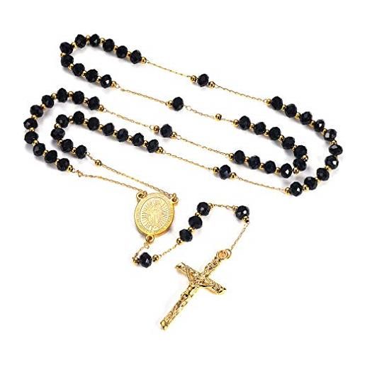 Faithheart - rosario con perline, rito cattolico, per donna e uomo, collana extra lunga e acciaio inossidabile, colore: crystal beads-black, cod. Tn12044k-65-e