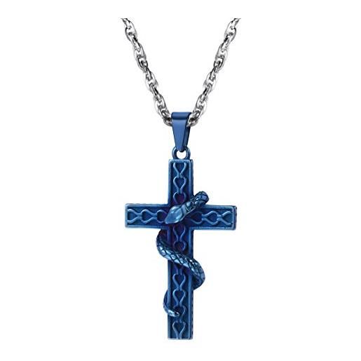 PROSTEEL collana crocifissa serpente satana satanismo con catena regolabile, in acciaio inossidabile 316l placcato blu, omaggio confezione regalo, blu