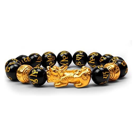 Katomi - braccialetto cinese con perline feng shui, colore nero, con pi xiu, in ossidiana, con amuleto intagliato a mano, per fortuna e ricchezza