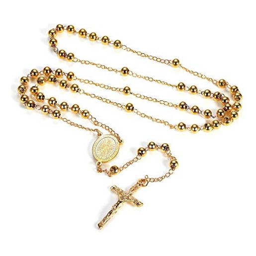 Faithheart - rosario con perline, rito cattolico, per donna e uomo, collana extra lunga e acciaio inossidabile, colore: metallic beads-gold, cod. Tn12044k-e