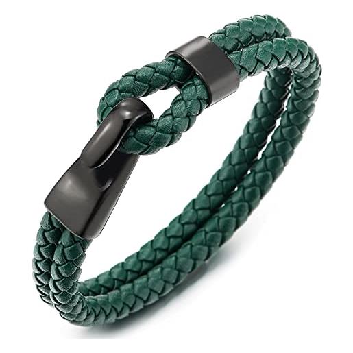 COOLSTEELANDBEYOND uomo donna due ranghi verde intrecciata cuoio bracciale, braccialetto del polsino, nero acciaio chiusura gancio