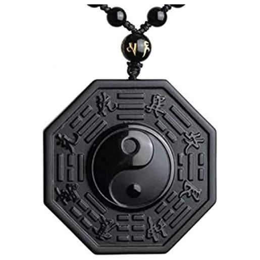 PIERRETOILES collana e ciondolo scolpiti yin e yang, in ossidiana nera