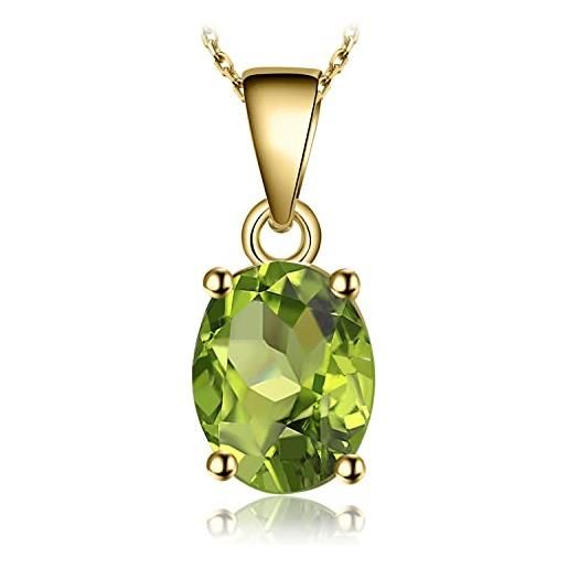 JewelryPalace collana solitario donna argento 925 con naturale peridoto verde, collana dorata ciondolo pietra a taglio ovale in oro con catena 45cm, collane pendenti set gioielli donna