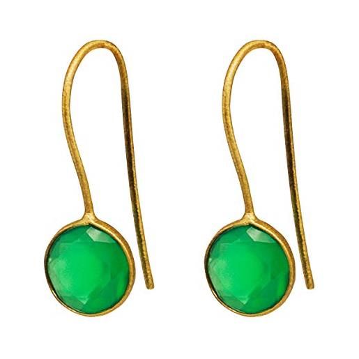 Vurmashop orecchini con onice verde placcati in oro 18 k - orecchini con gemma semi-preziosa da donna - orecchini pendenti piccoli rotondi dorati