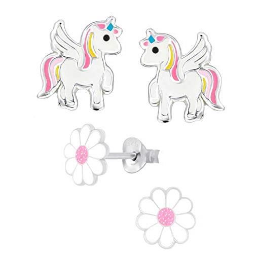 FIVE-D 2 paia di orecchini per bambini con unicorno e corona glitterata in argento sterling 925, con custodia e argento, colore: unicorno colorato - fiore. , cod. Set122