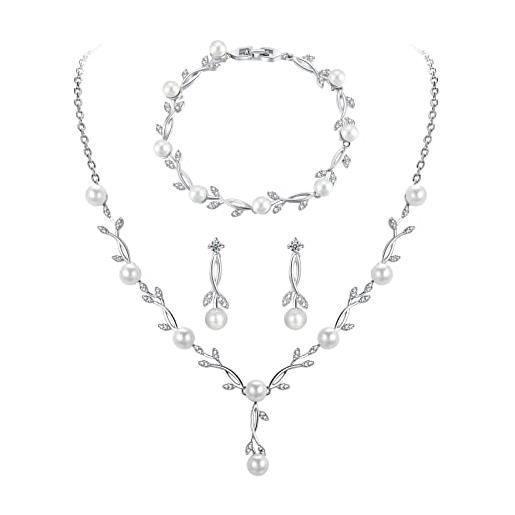 Toplstud set di gioielli da sposa in argento 925 da donna, collana e bracciale orecchini a forma di foglia con perle e zirconi, regalo di anniversario di matrimonio per donne, perle, zirconi