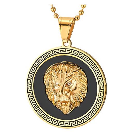 COOLSTEELANDBEYOND uomo oro acciaio testa di leone cerchio ciondolo collana pendente con zirconi, nero onice, motivo chiave greco, oro nero