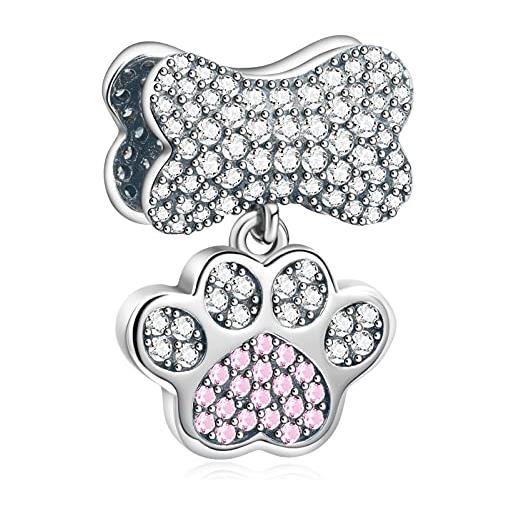 LaMenars charms pink paw ciondola 925 sterling silver dog bone ciondolo bead con cubic zirconia adatto europa charm bracciale collana, regali per donne ragazze