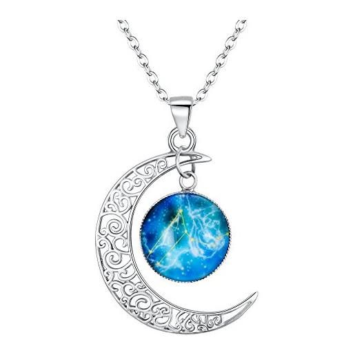 Clearine collana argento 925 oroscopo zodiaco 12 costellazione astrologia galassia & mezzaluna luna perle di vetro pendente collana leone