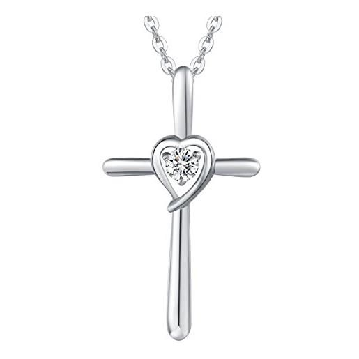 Carleen croce ciondolo collana a cuore in argento sterling 925 con zircone cubico, regalo di gioielli per donna ragazza - catena lunghezza: 40 + 5 cm