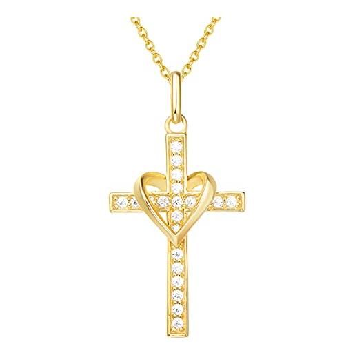 FANCIME - collana croce in argento sterling 925 placcato in oro giallo a forma di cuore con zirconi cubici, lunghezza della catena: 40 cm + 5 cm