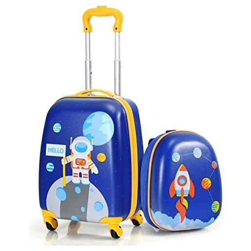 GYMAX trolley per bambini, set di valigia & zaino scuola carino (12+16, astronauta 2)