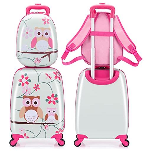GYMAX trolley per bambini, set di valigia & zaino scuola carino (12+16, gufo)