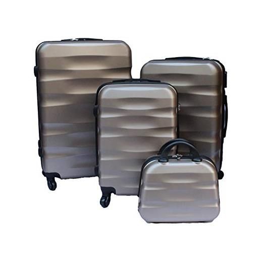 R.Leone valigia da 1 pezzo fino a set 4 trolley rigido grande, medio, bagaglio a mano e beauty case 4 ruote in abs 2050 (oro, set 3 s+m+l)