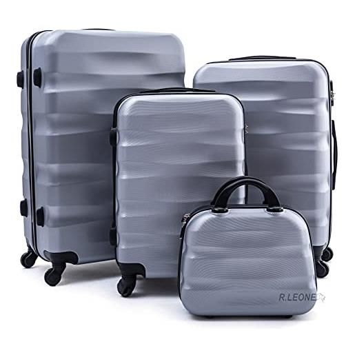 R.Leone valigia da 1 pezzo fino a set 4 trolley rigido grande, medio, bagaglio a mano e beauty case 4 ruote in abs 2050 (argento, set 3 s+m+l)