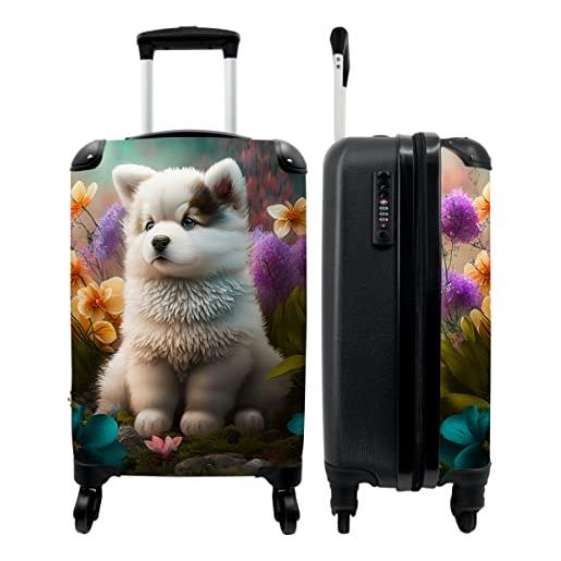 NoBoringSuitcases.com® valigia a mano trolley valigia a rotelle piccola valigia da viaggio con 4 ruote - cucciolo - fiori - piante - natura - husky - bagaglio da tavolo