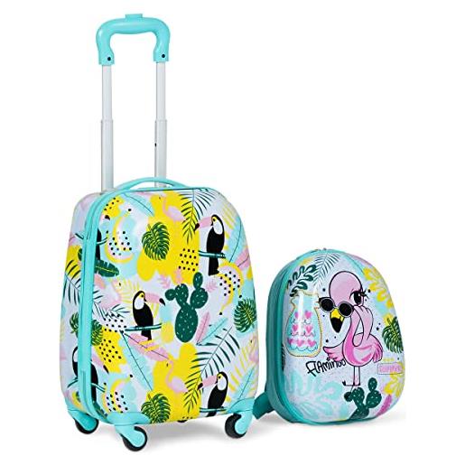 GYMAX trolley per bambini, set di valigia & zaino scuola carino (12+16, fenicottero)