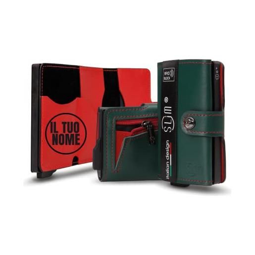 SLim portafoglio personalizzabile porta carte di credito schermato portacarte anticlonazione uomo donna personalizzabile (verde e rosso con zip)