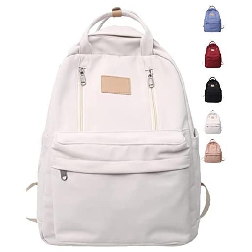 JASUBAI preppy school backpack for teens girls, green backpack aesthetic simple cute lightweight black beige school bag, bianco