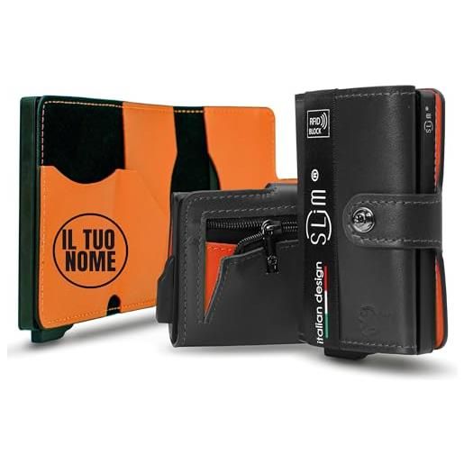 SLim portafoglio personalizzato porta carte di credito schermato portacarte anticlonazione uomo donna personalizzabile (nero e arancio con zip)