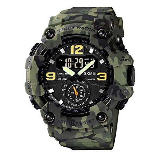Yuxier orologio militare da uomo camouflage sport outdoor impermeabile orologi da polso data multi funzione con led allarme tempo multiplo, verde militare