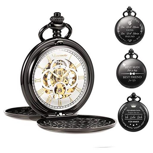 TREEWETO orologio da taschino unisex con incisione personalizzata, orologio da taschino con catena, analogico, carica manuale, doppia cerniera anticata, quadrante bianco