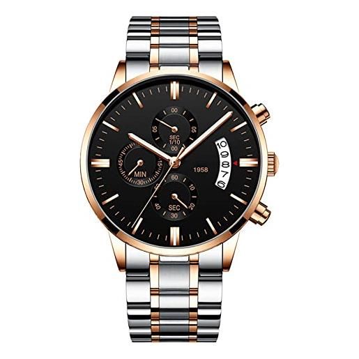 FAMKIT orologio da uomo di lusso alla moda in acciaio inossidabile, impermeabile 30 m, analogico, al quarzo, cronografo con datario, elegante orologio da polso per uomo