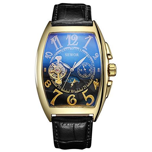 SEWOR uomo tourbillon moon phase meccanico automatico orologio da polso con fascia in vetro rivestimento blu (oro nero)