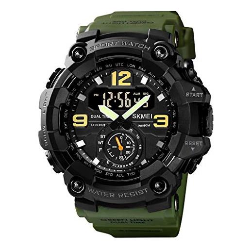 Yuxier orologio militare da uomo camouflage sport outdoor impermeabile orologi da polso data multi funzione con led allarme tempo multiplo, verde