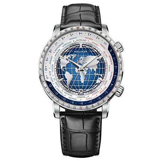 Agelocer orologio da uomo di lusso di moda con quadrante di diamanti blu del mondo del tempo meccanico del calendario, vp: 5201f2, meccanico