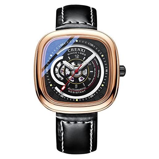 RORIOS orologio da uomo orologio meccanico automatico orologio luminoso con cinturino in pelle scheletro orologio da polso oro rosa