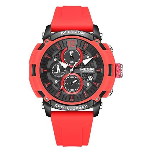 MEGIR orologi al quarzo sportivi da uomo con cronografo luminoso calendario automatico impermeabile cinturino in silicone, rosso