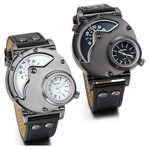 JewelryWe orologio da polso da uomo, cinturino in pelle nero, 2 quadranti, orologio militari, orologio grande