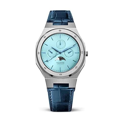 Valuchi moda lusso uomo lunar calendar impermeabile acciaio inossidabile moonphase vetro zaffiro giapponese quarzo analogico casual watch con data (pelle argento blu ghiaccio)