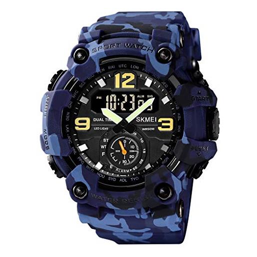 Yuxier orologio militare da uomo camouflage sport outdoor impermeabile orologi da polso data multi funzione con led allarme tempo multiplo, blu