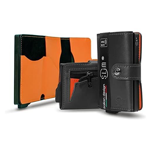 SLim porta carte di credito schermato portafoglio uomo rfid portatessere anticlonazione donna portacarte uomo (nero e arancio, con zip)