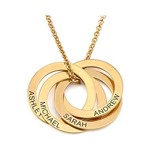 MyNameNecklace myka - collana personalizzata con quattro cerchi intrecciati incisi con nomi - gioiello nomi multipli alla russa - argento 925 placcato oro 18k - regalo custom festa della mamma