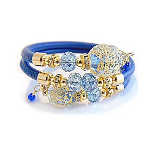 VENEZIA CLASSICA - bracciale da donna con perle in vetro di murano originale e vera pelle toscana, collezione diana, modello contrarie con foglia in oro 24kt, made in italy certificato (blu)